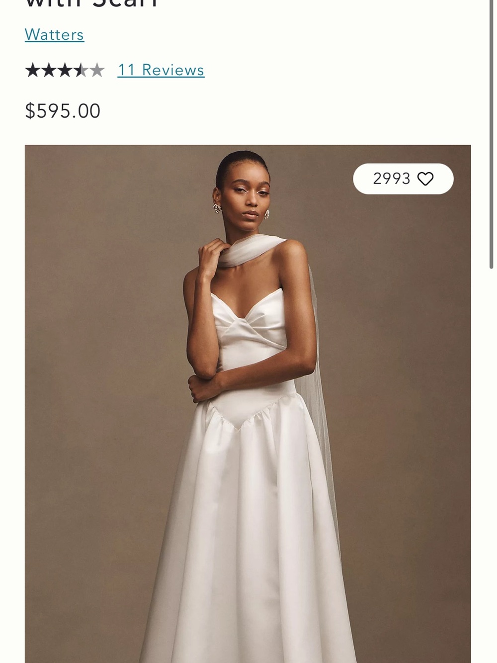 Watters White Satin Bridal Gown with Draped Scarf